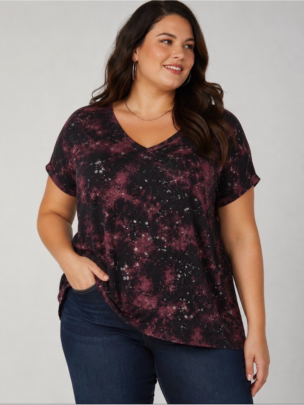 Rock & Republic Black & Plum V-Neck Short Sleeve Tee Size 2X
